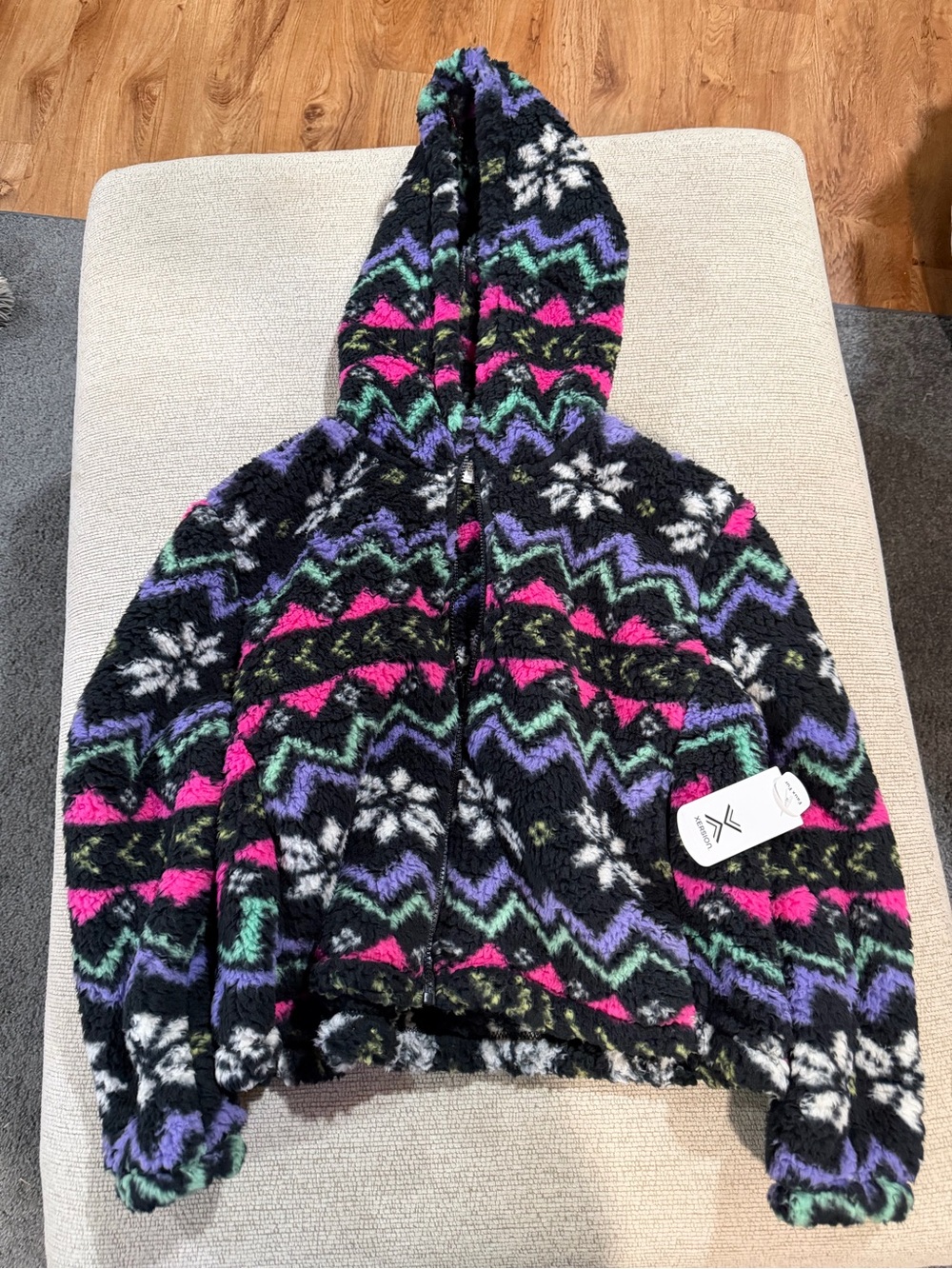 Xersion Black Sherpa Jacket with Pink, Purple & Teal Zigzag Pattern